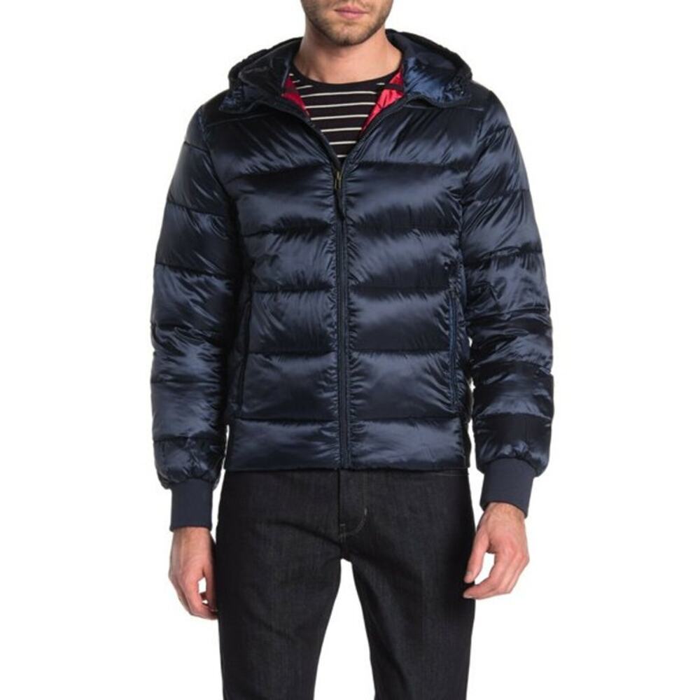 Slate & Stone Men's Hooded Down Bomber Jacket Long Sleeve Navy Blue Size S NWT